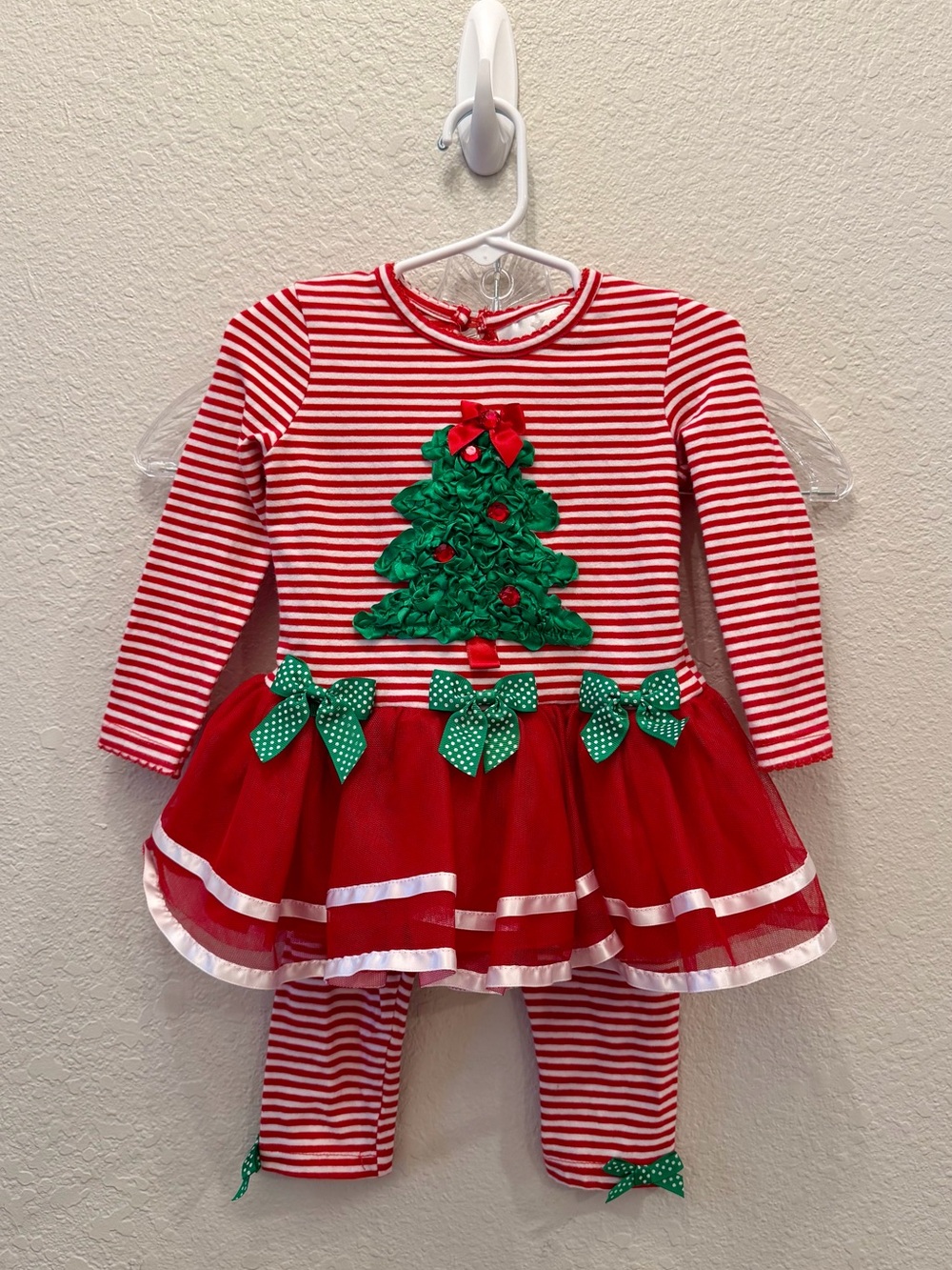 Rare Editions Girls 18M Christmas Tree Tutu Leggings Outfit Red Stripe